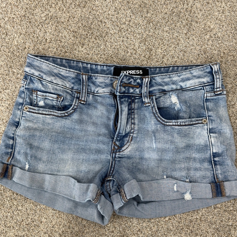Express Women's Distressed Light Blue Jean Shorts